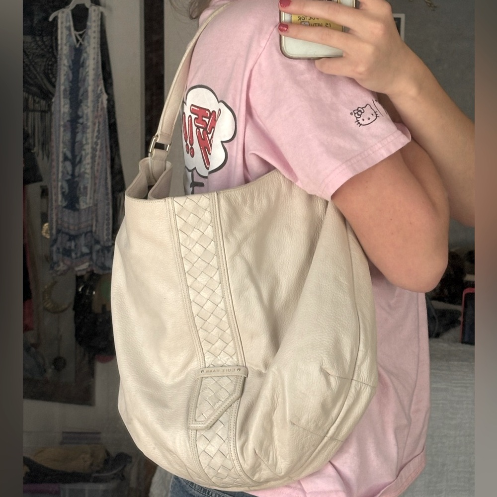 Cole Haan white leather tote shoulder bag with braided detail
